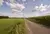 „Landschaft mit einer schmalen Landstraße, umgeben von grünen Feldern und einem Maisfeld unter einem blauen Himmel mit weißen Wolken. Am Straßenrand befindet sind eine Trasse mit Strommasten.
